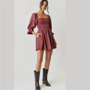 Audrey Parks X Francesca's Red Plaid Tartan Mini Dress Sz XS
